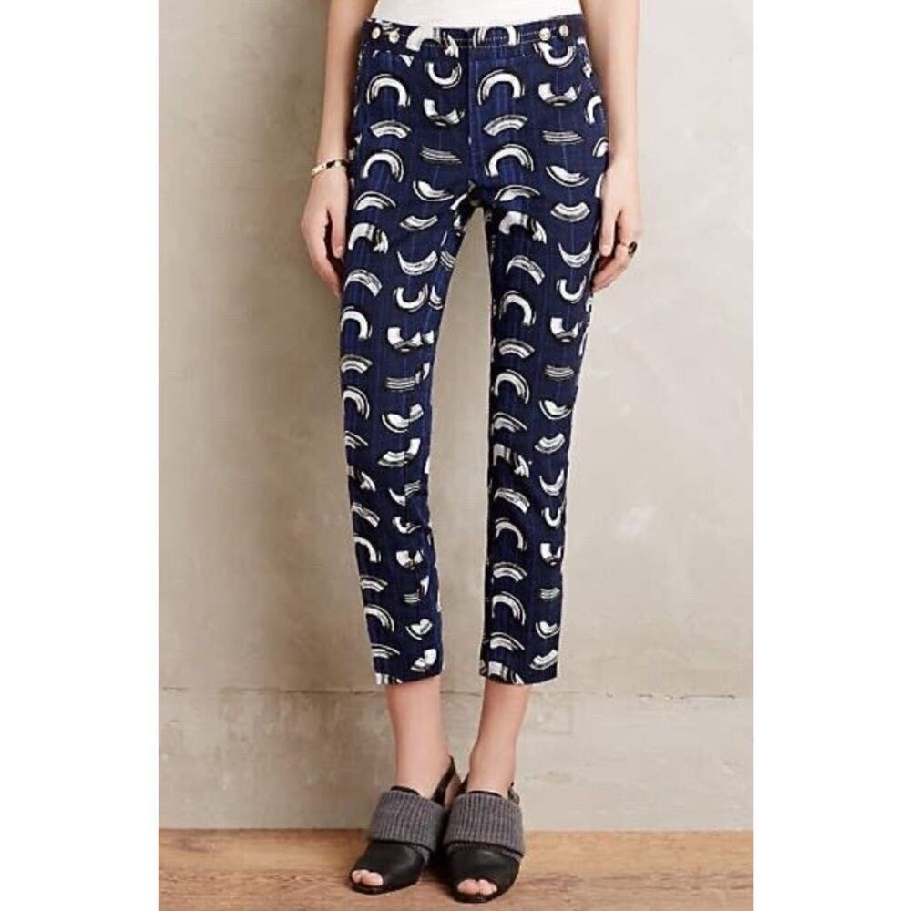 Cartonnier Anthropologie Charlie Trouser Pants Blue Brushstroke Cropped Ankle 4